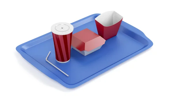 Soda cup och smörgås och pommes frites lådor — Stockfoto