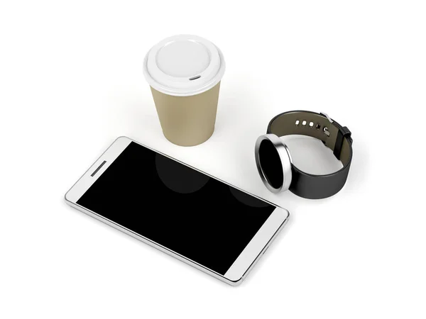 Smartphone, smartwatch y taza de café —  Fotos de Stock