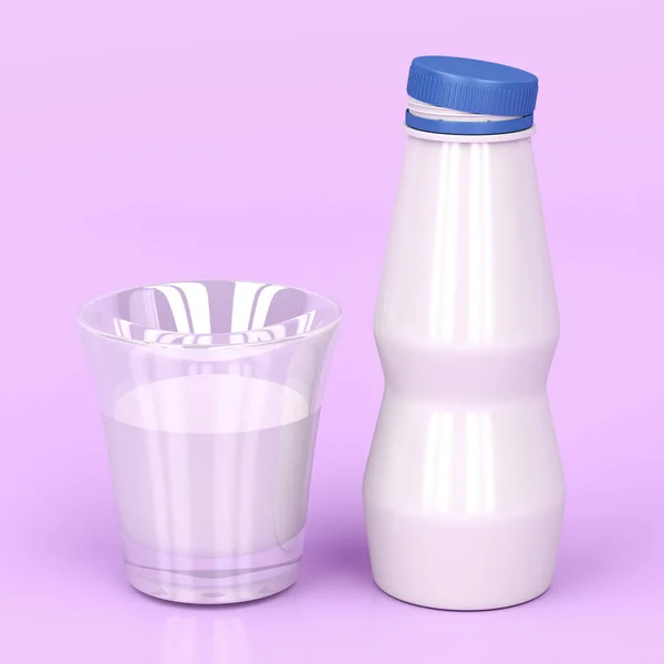 Garrafa de plástico e um copo de leite — Fotografia de Stock