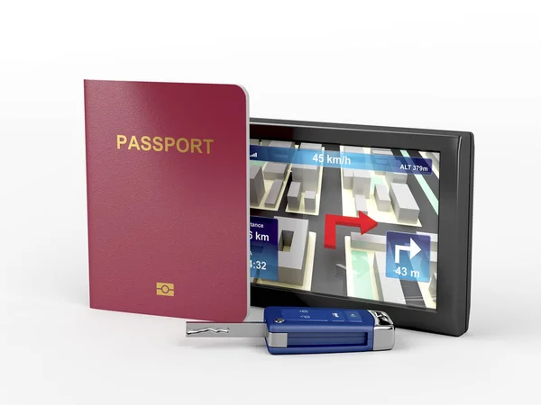 Паспорт, ключ от машины и навигационное устройство — стоковое фото