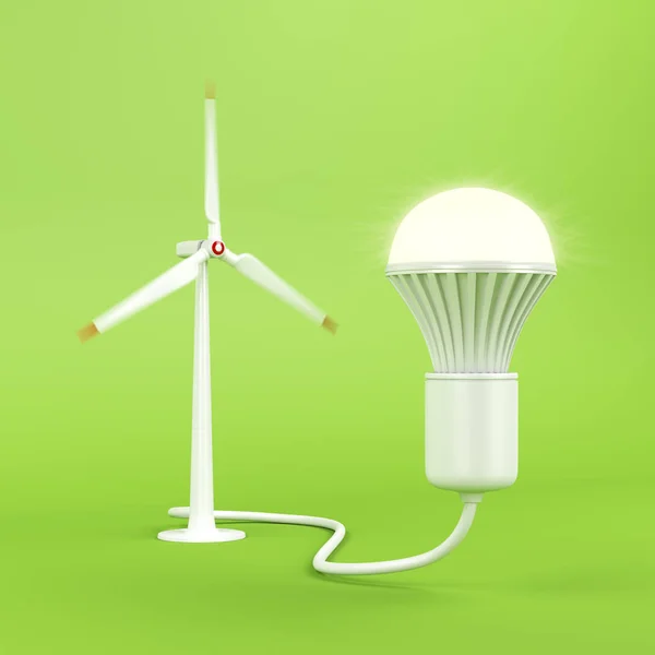 Wind turbine and glowing light bulb — Stock Photo, Image