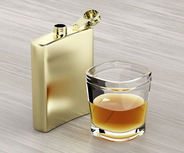 Flachmann und ein Glas Whisky — Stockfoto