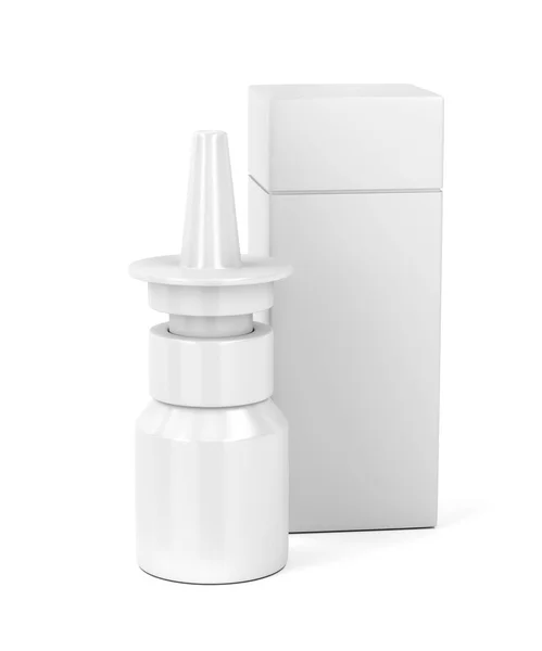 White nasal spray bottle and plastic box — Stock Photo, Image