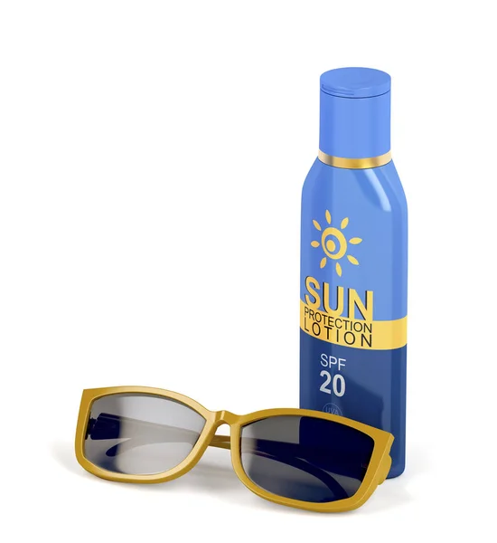 Solskyddsmedel lotion och kvinnliga solglasögon — Stockfoto