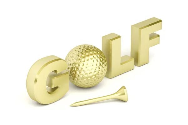 Texto de golf con pelota dorada y te — Foto de Stock