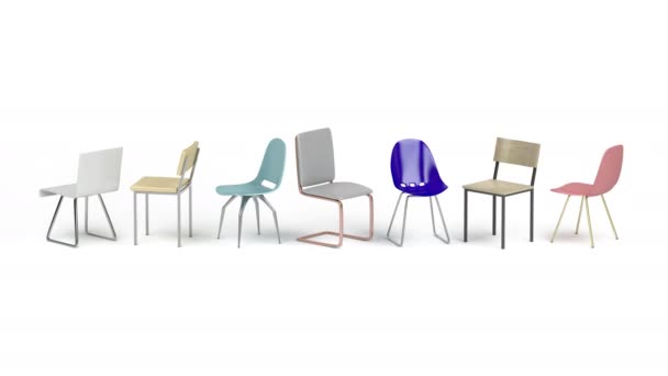 Beyaz Arkaplanda Farklı Tasarım Renklere Sahip Sandalyeler — Stok video