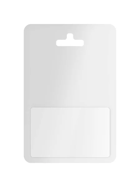 白い背景に隔離されたブリスター包装の白い空白のギフトカードの正面図 — ストック写真