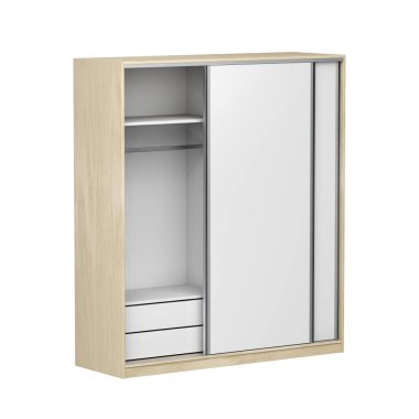 Sürgülü kapıları olan ahşap gardırop, beyaz arka planda izole edilmiş.