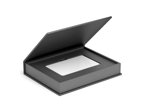 Leere Plastikkarte Und Schwarze Schachtel Auf Weißem Hintergrund — Stockfoto