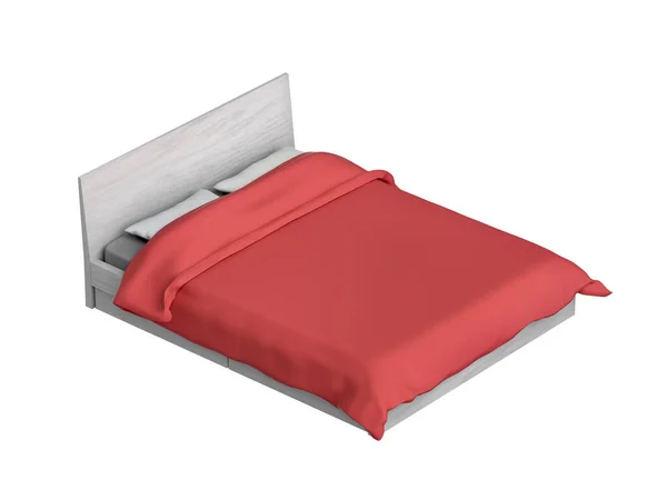 Bed Met Rood Dekbed Geïsoleerd Witte Achtergrond — Stockfoto