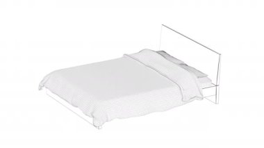 Yatak, battaniye ve yastıklı 3D kablo modeli.