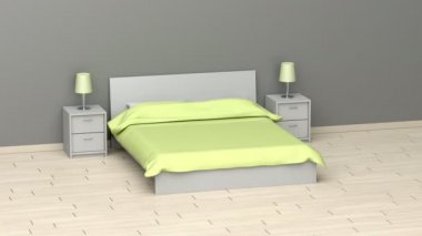 Modern yatak odası, kraliçe yatağı ve komodinleri.