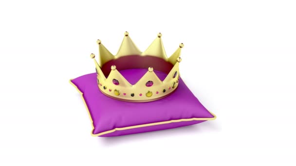 Королівська Золота Корона Фіолетовій Подушці Білому Тлі — стокове відео