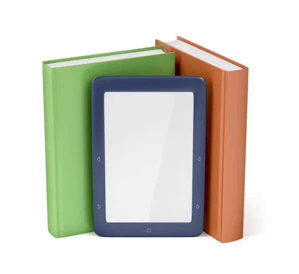 蓝色电子阅读器和两本关于白色背景的书 — 图库照片