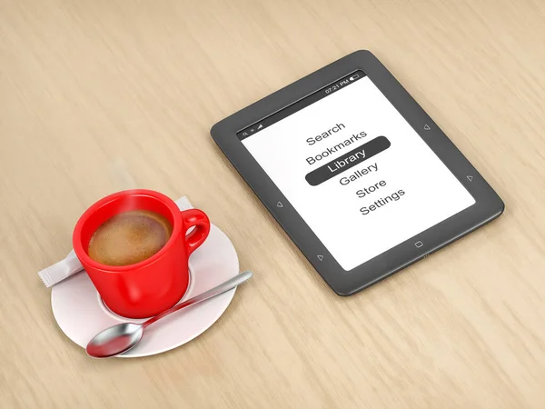 Book Reader Und Kaffee Auf Einem Holztisch — Stockfoto