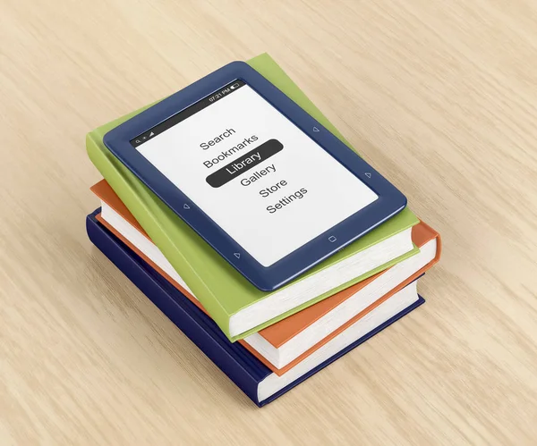 Colorful books and e-book reader on wooden table