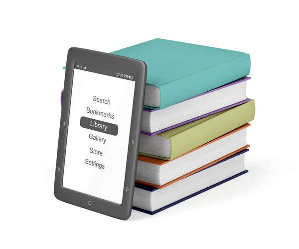 Montón Libros Coloridos Lector Libros Electrónicos Sobre Fondo Blanco — Foto de Stock