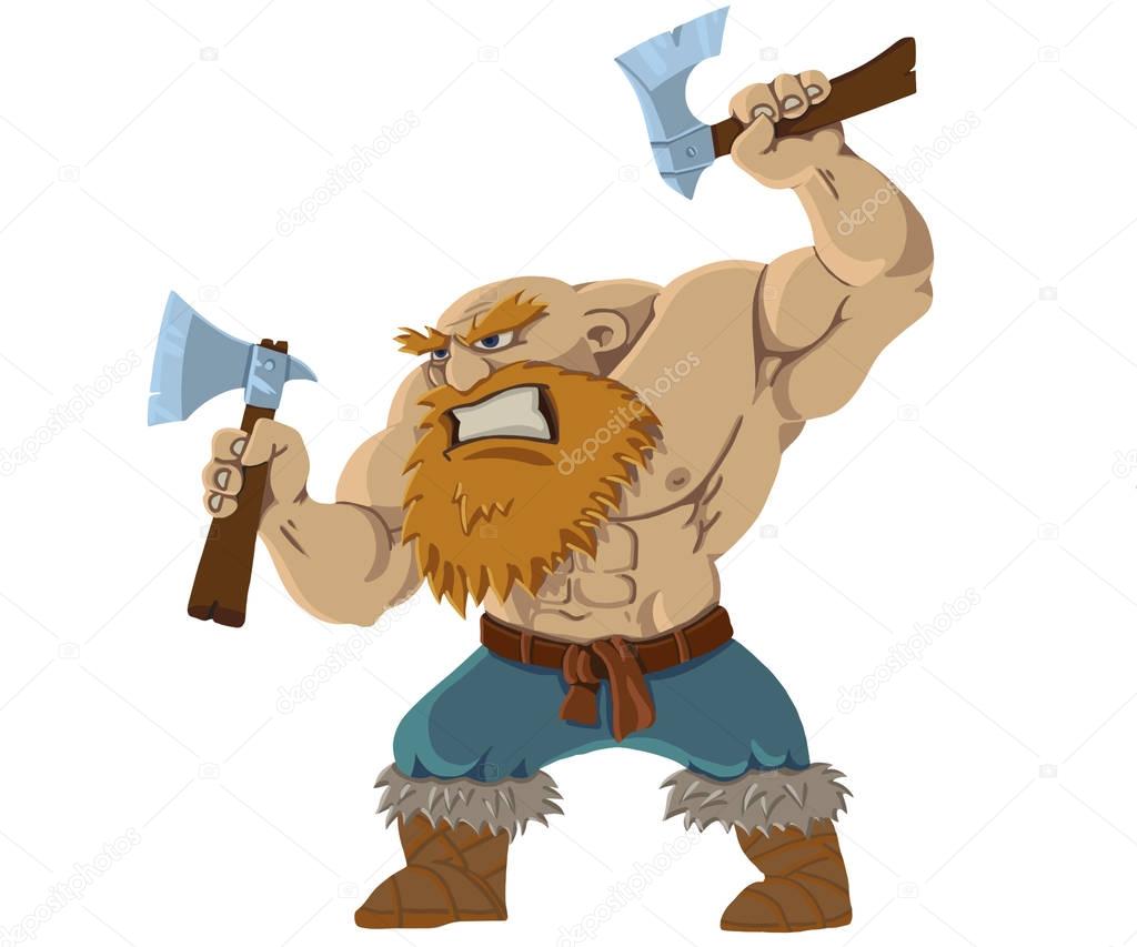red-bearded viking with axes