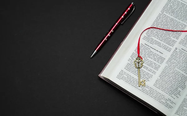 Open Book Red Pen Laying Black Background — Stock Photo, Image