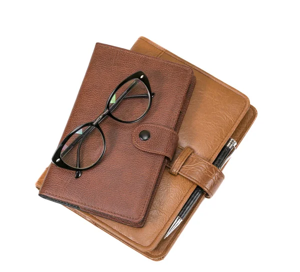 Notebooks Glasses Pen White Background — Stock Photo, Image