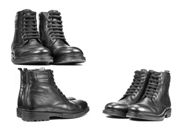 Siyah adamın botları. Beyaz bir arkaplanda izole edilmiş.