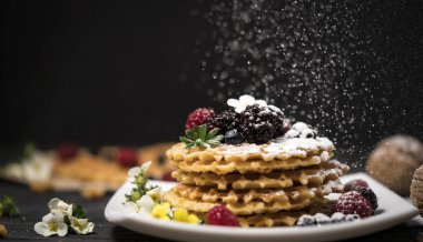 Viyana Waffle 'ı böğürtlen serpiştirilmiş. Boş arkaplan üzerine pudra şekeri serpiştirilmiş.