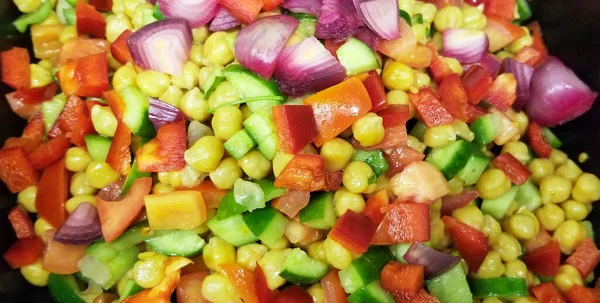 Salade Légumes Frais Tomate Salade Maïs Carotte Concombre Haricot Taro — Photo