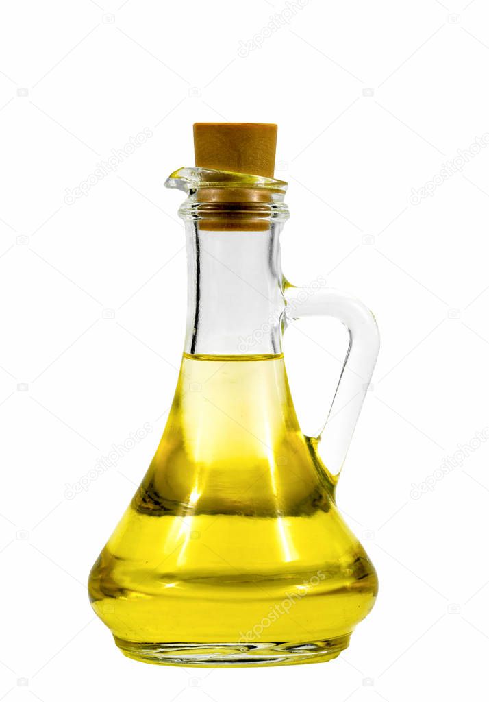 Sunflower oil glass bottle isolated on white background. Food, cooking, farm work. Agriculture, organic. Flat lay, top view