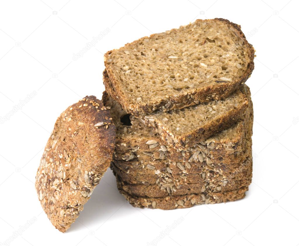 Dark rue bread with sunflower seeds on a white background