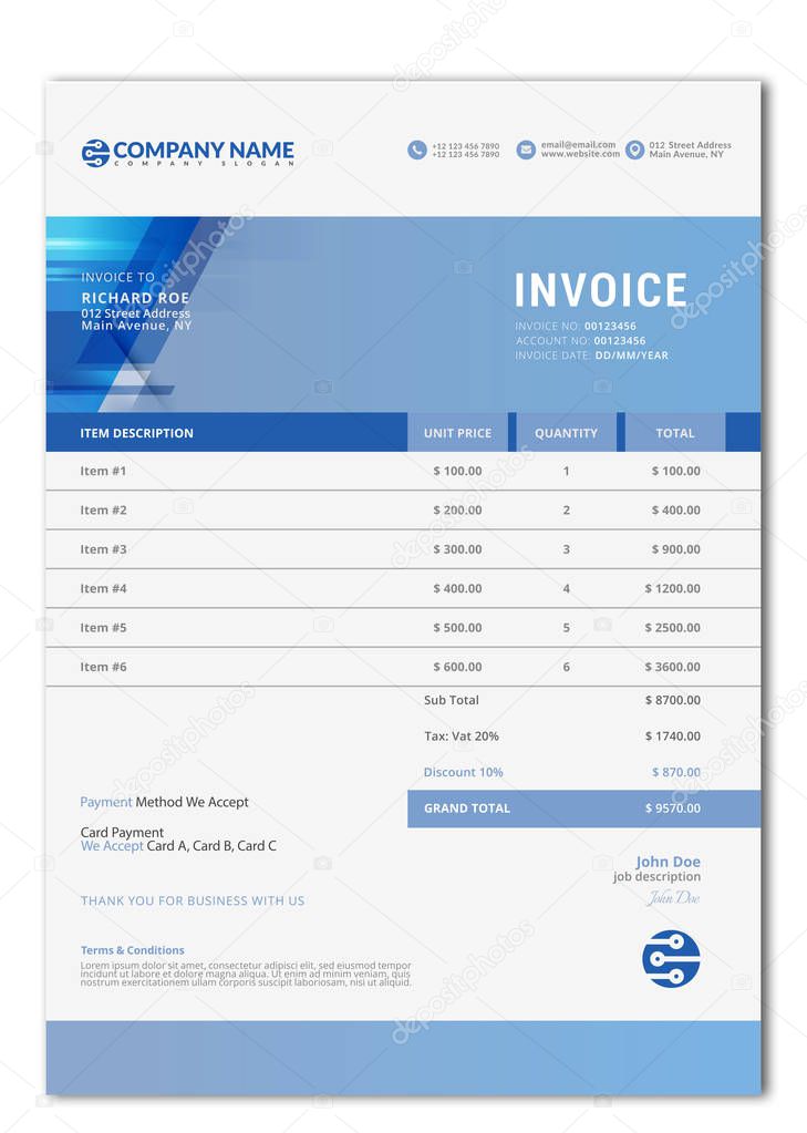 Editable vector invoice design template. A4 Paper size.
