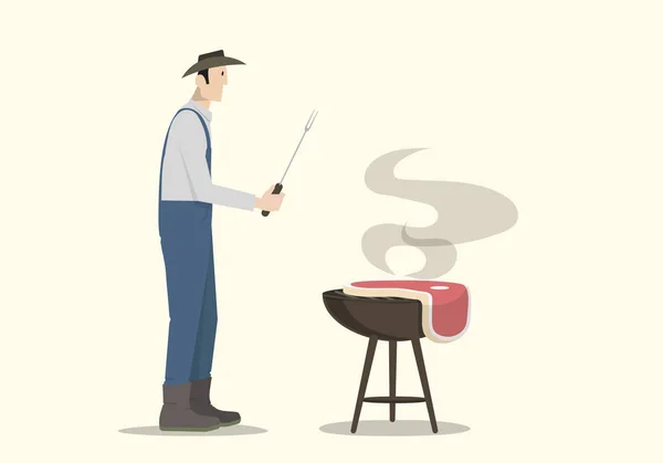 Farmer Cooking Big Steak on Barbecue — Free Stock Photo