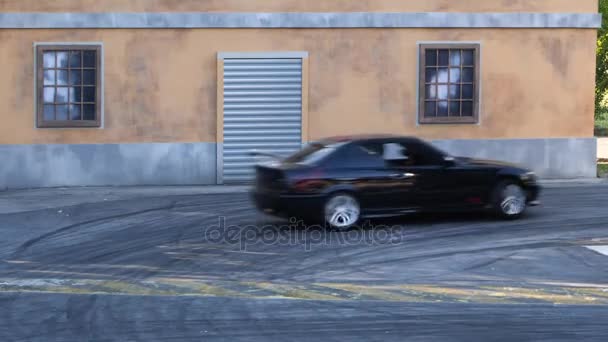 Racing cars enter into closeup turn on sports entertainment show in Italy. — Stock Video