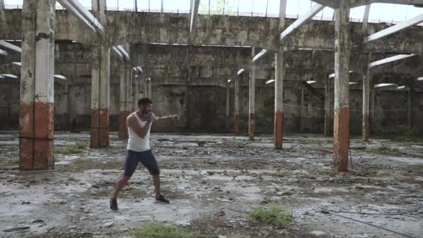 Joven boxeador masculino haciendo ejercicio de boxeo en la sombra . — Vídeos de Stock