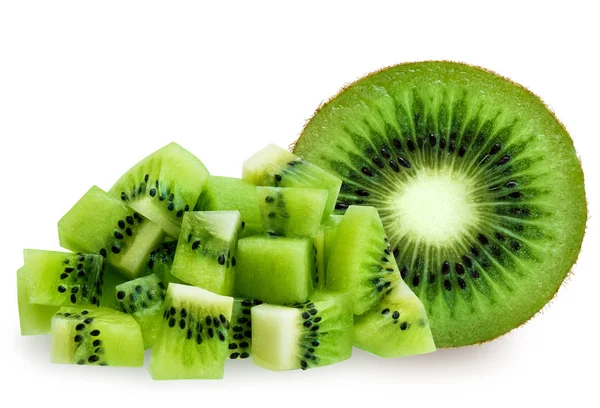 Halbe und gewürfelte Kiwis über weiße Stockbild