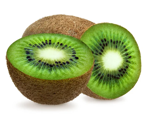 Hela kiwifrukt, halv, skiva över vita Stockbild