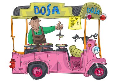 Scooter tabanlı bir sokak yemeği satıcısı geleneksel bulaşık sosu sunuyor. Çizgi film