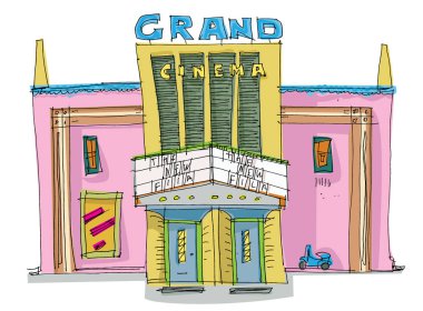 Vintage tarzı sinemada cephe. Grand sinema. Yeni film! Artoon.
