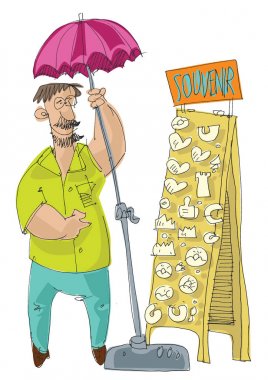 Stand dolusu magnetes ve turistik malzeme yakınındaki bir Hediyelik eşya satıcı. Karikatür.