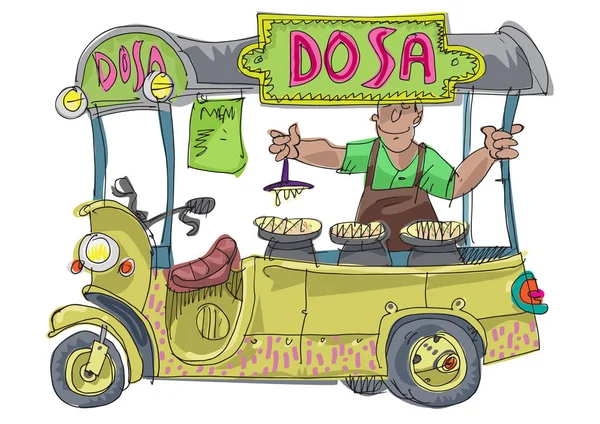 Scooter Based Street Food Vendor Offers Traditional Dish Dosa Cartoon — ストックベクタ