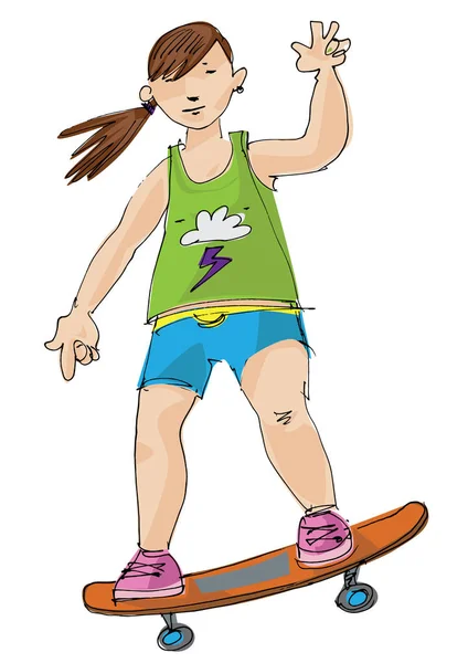 Teenage Girl Rides Skateboard Urban Sport Concept Cartoon Caricature — Stock Vector