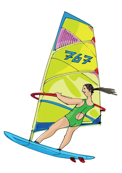 Girl Windsurfer Rides Surfboaboard Being Pushed Strong Wind Carton Caricature — Stock Vector