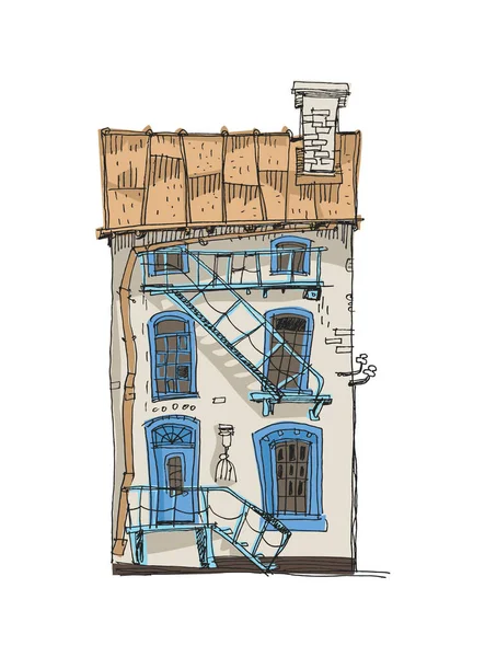 Старе Місто Вінтажний Фасад Гарний Старий Котедж Сходами Димоходом Даху — стоковий вектор