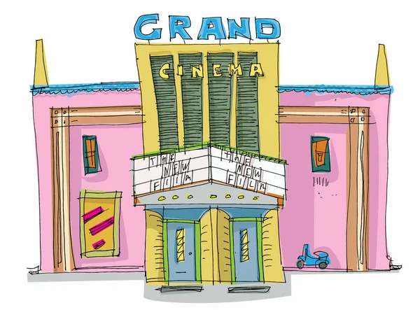 Elewacja Kina Stylu Vintage Grand Cinema Nowy Film Artoon — Wektor stockowy