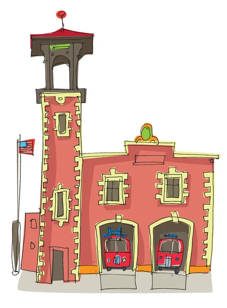 Edificio Della Caserma Dei Pompieri Con Pompiere Una Bandiera Americana — Vettoriale Stock