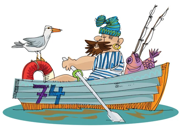 Pescador Barco Remo Desenho Animado —  Vetores de Stock