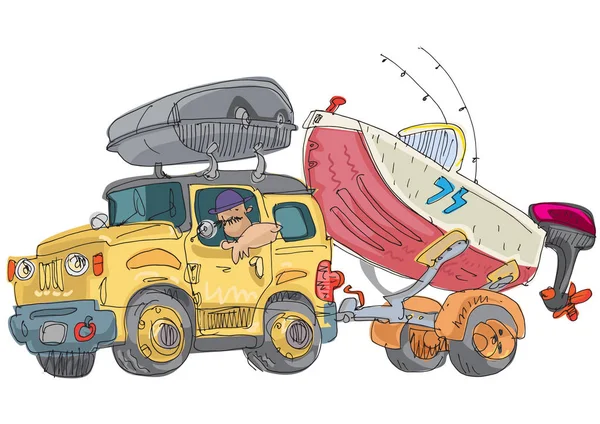 Motorbåt Släpvagn Kopplad Till Suv Bil Cartoon — Stock vektor