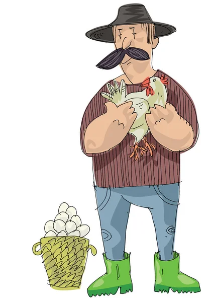 Agricoltore Allevamento Polli Cartone Animato — Vettoriale Stock