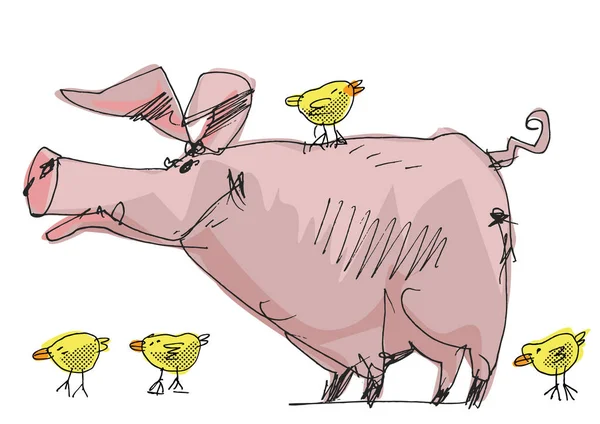 Смешная Свинья Компании Кур Руки Enimals Мультфильм — стоковый вектор