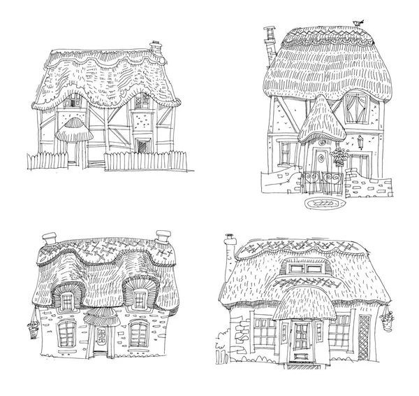 Солома Покрита Традиційним Вінтажним Будинком Мультфільм Розмальовка — стоковий вектор