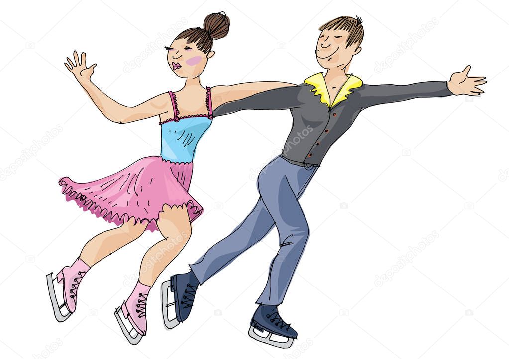 Figure skating spins. A couple of skaters in dancing on ice rink. Winter sport. Cartoon. Caricature. 